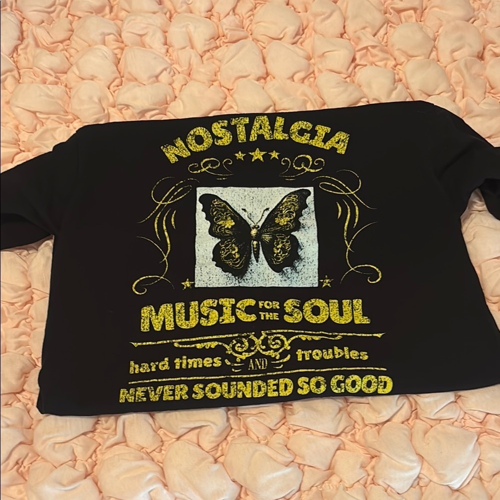 Nostalgia Black Tee with Gold Butterfly and Text​